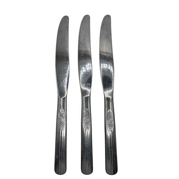 Set Of 3 Oneida Silver Fluted Rose Stainless Steel Dinner Knives - Picture 3 of 3